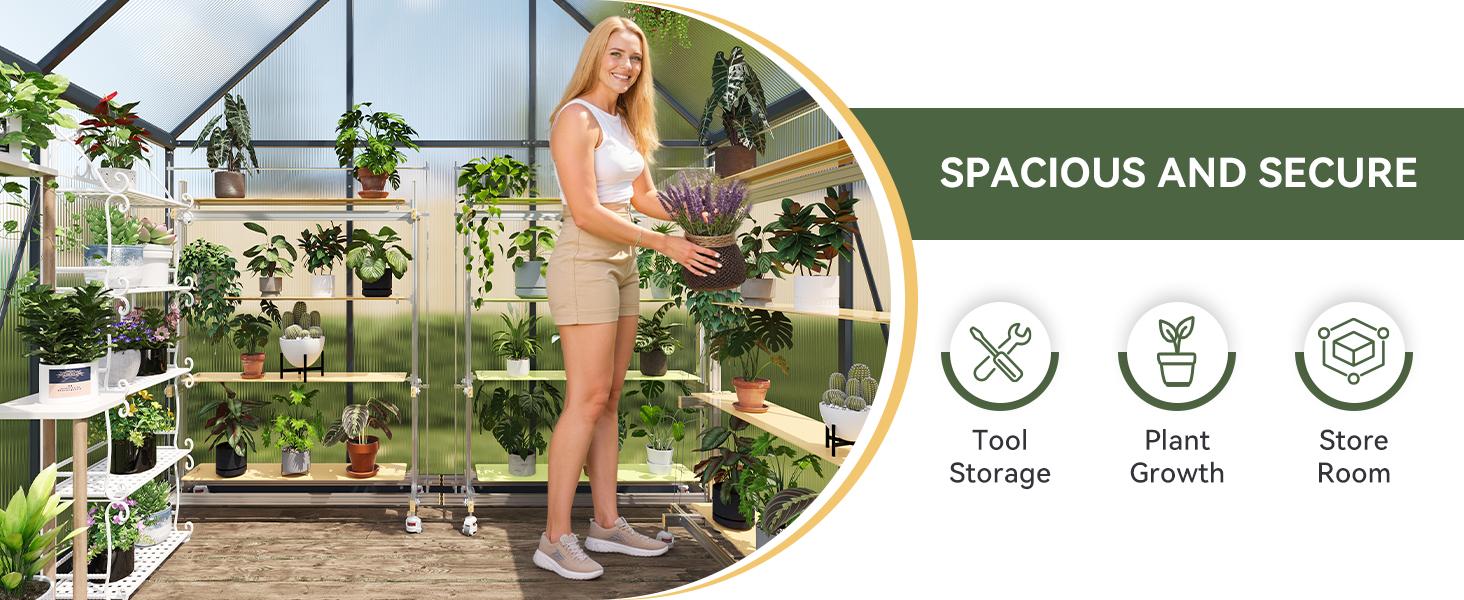 Aoxun 4x6 FT Outdoor Greenhouse, Polycarbonate Greenhouse with Aluminum Frame, Walk-in Green House with Roof Vent, Ground Nails, Lockable Door for Garden Backyard, Patio, Lawn,Quick-Installation