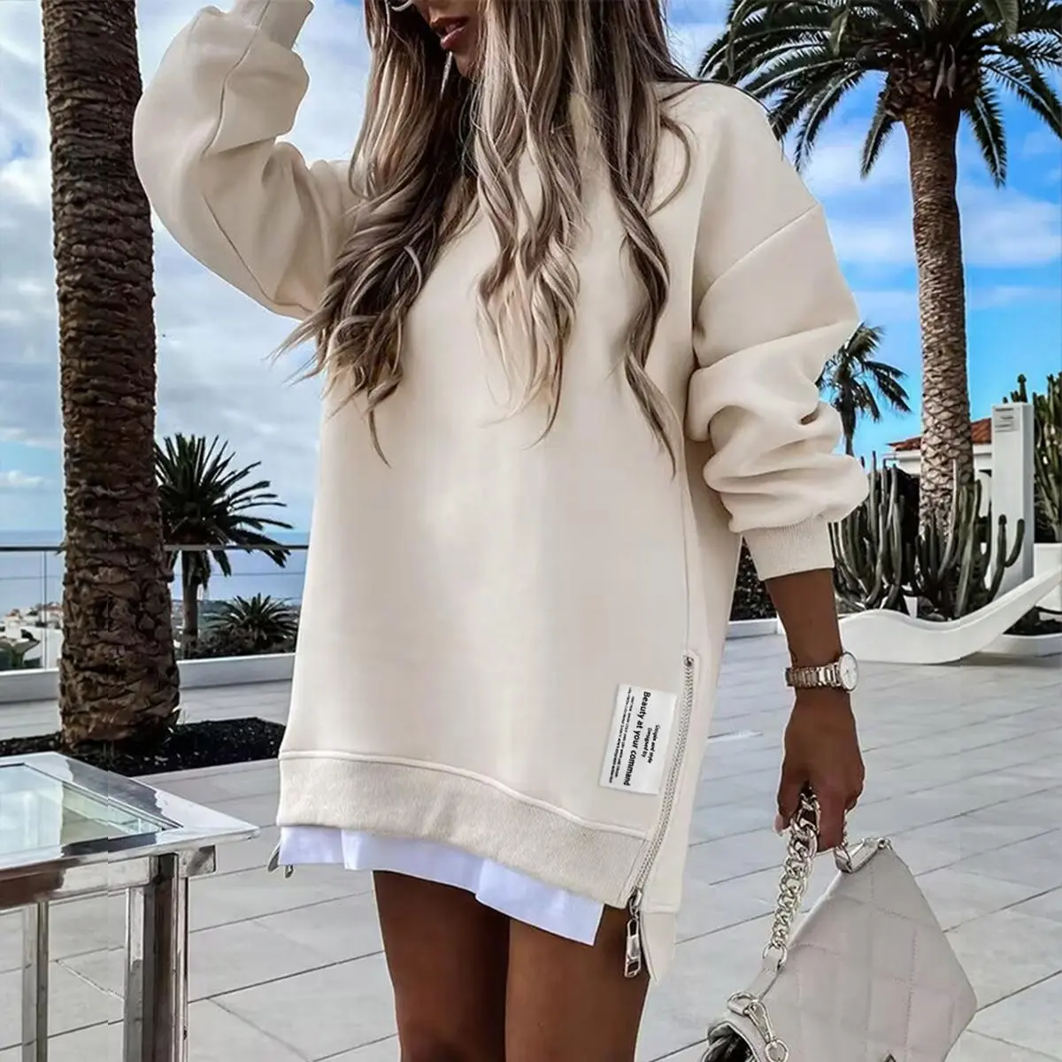 CHICME 2026 Women's Oversized Fall Long Sleeve Pullover Sweatshirt Zipper Slit Casual Dress Drop Shoulder Outfits for BacktoSchool