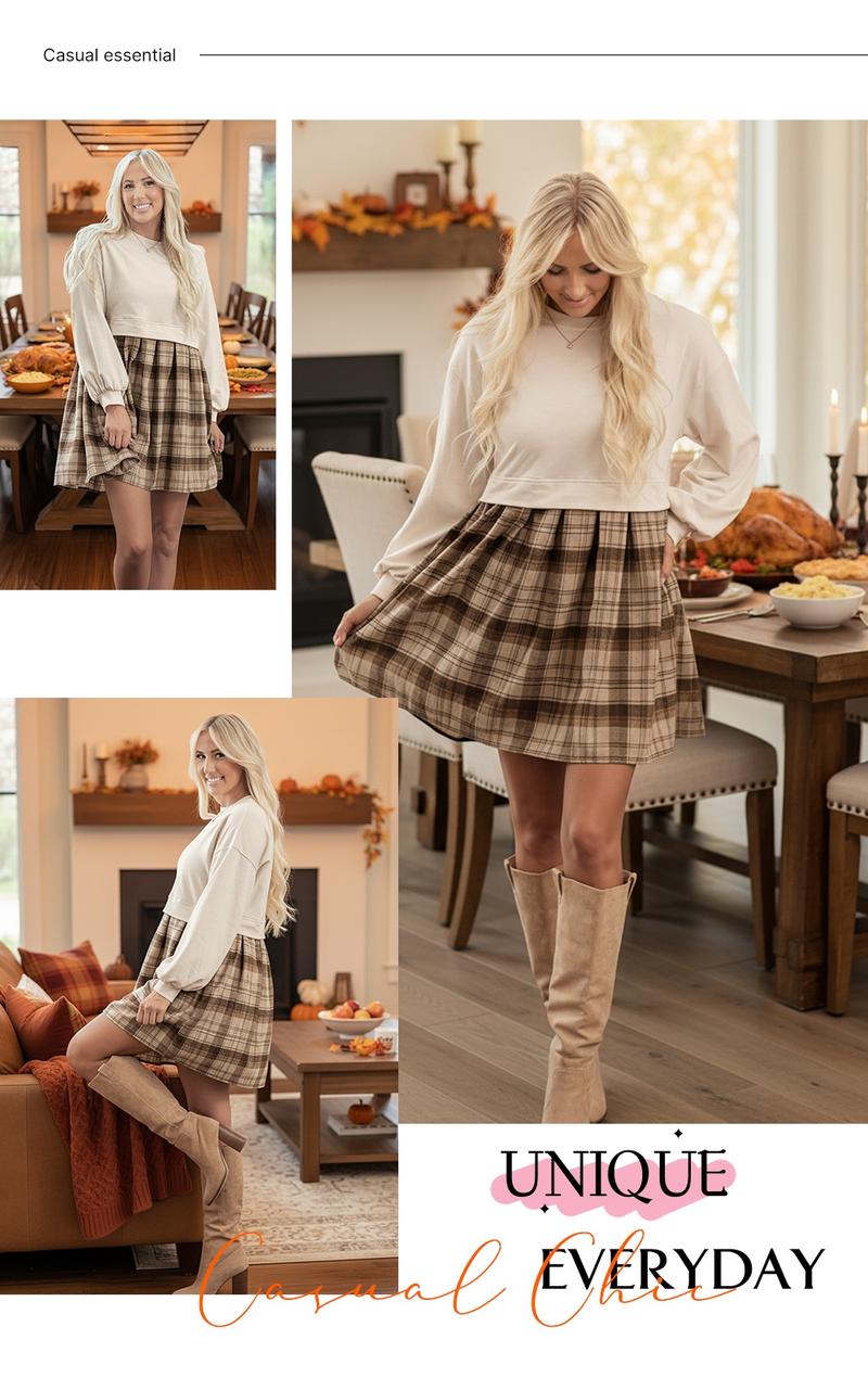 Asvivid Women's Plaid Patchwork High Waist Sweatshirt Mini Dress Roud Neck Long Sleeve Tshirt Dresses for Casual Wear Fall Fashion