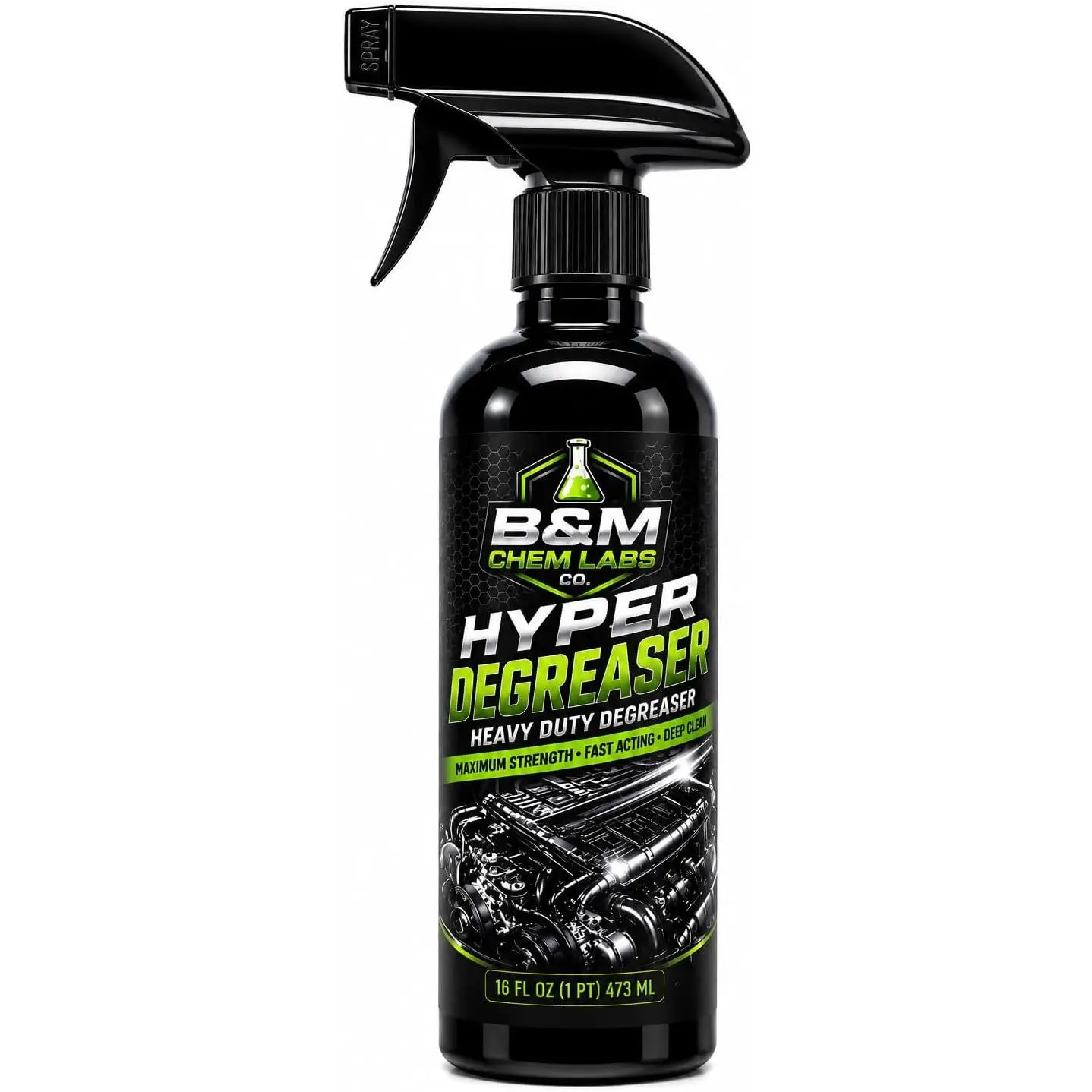 B&M Chem Labs Heavy Duty Degreaser Spray - Maximum Strength, Fast Acting, 16 oz - Professional Automotive Engine Detailing for Garage, Driveway, Workshop Deep Clean, Motor Vehicles