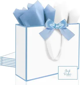 3 Pack Elegant Large Gift Bags with Handles 12.6x10x4 Inches  Set Includes Tissue Paper & Cards for Birthday Baby Shower Wedding Anniversary Christmas & Holiday Gifts 3Pcs White with Blue Rim