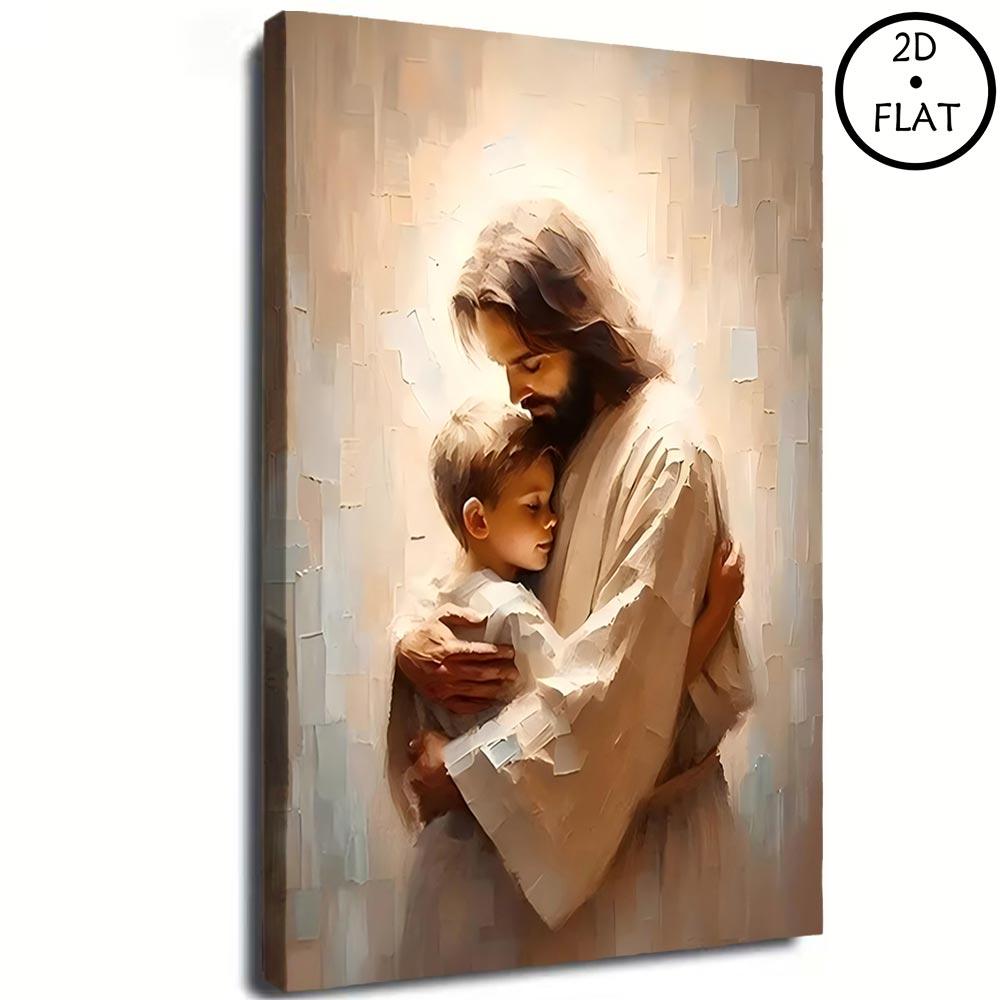 Christian Wall Art Jesus with Boy Shepherd Art 2D Flat Framed Canvas Print Waterproof Silver Wall Art for Gifts and Decor