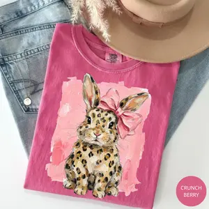 Comfort Colors Happy Easter Bunny T-shirt, Oil Paint Leopard Pink Bow Coquette Shirt, Leopard Bunny Apparel