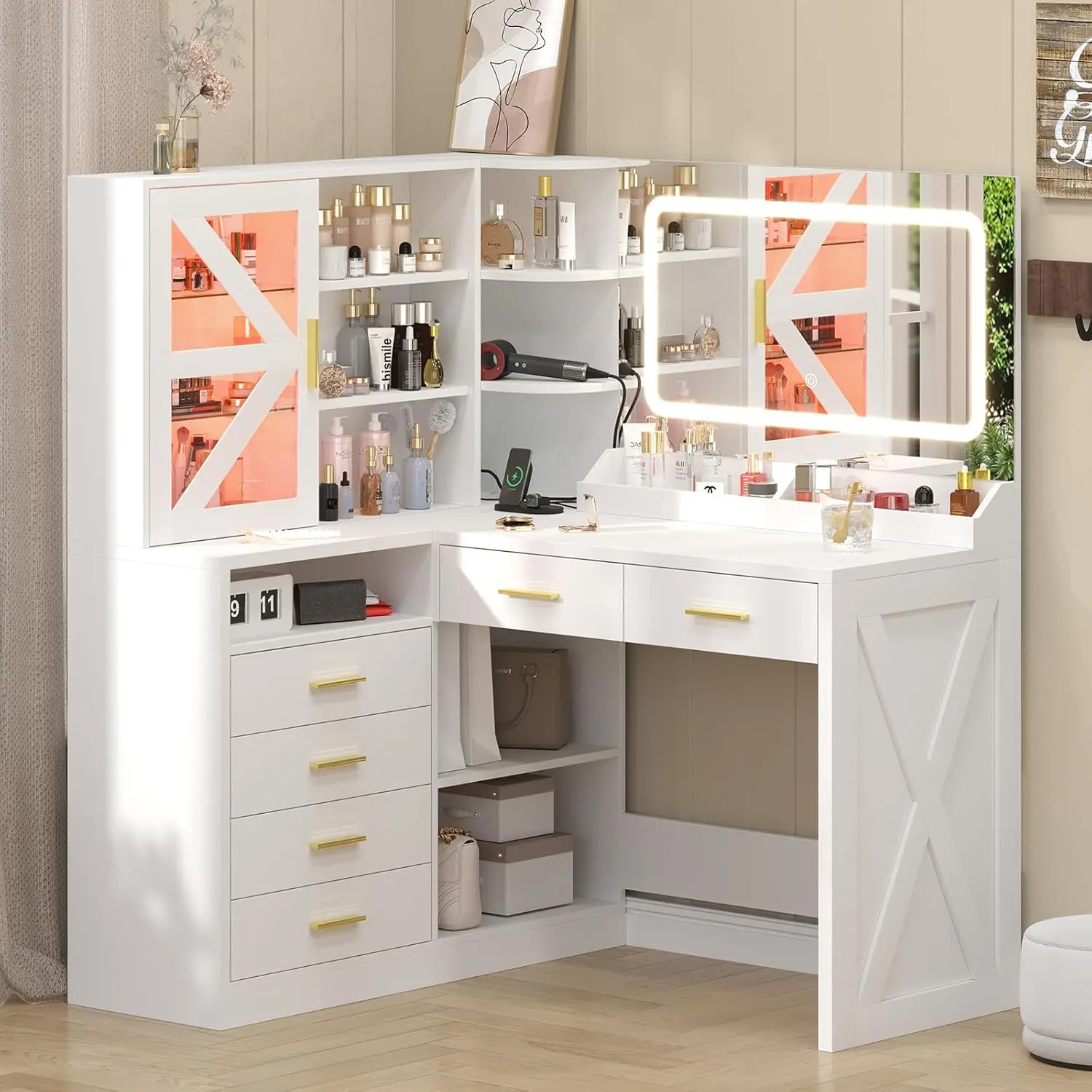 L-Shaped Corner Vanity Desk with LED Lighted Mirror & Charging Station, White Makeup Vanity with 6 Drawers & Sliding RGB Cabinet, Large Farmhouse Dressing Table with Open Storage Shelves for Women