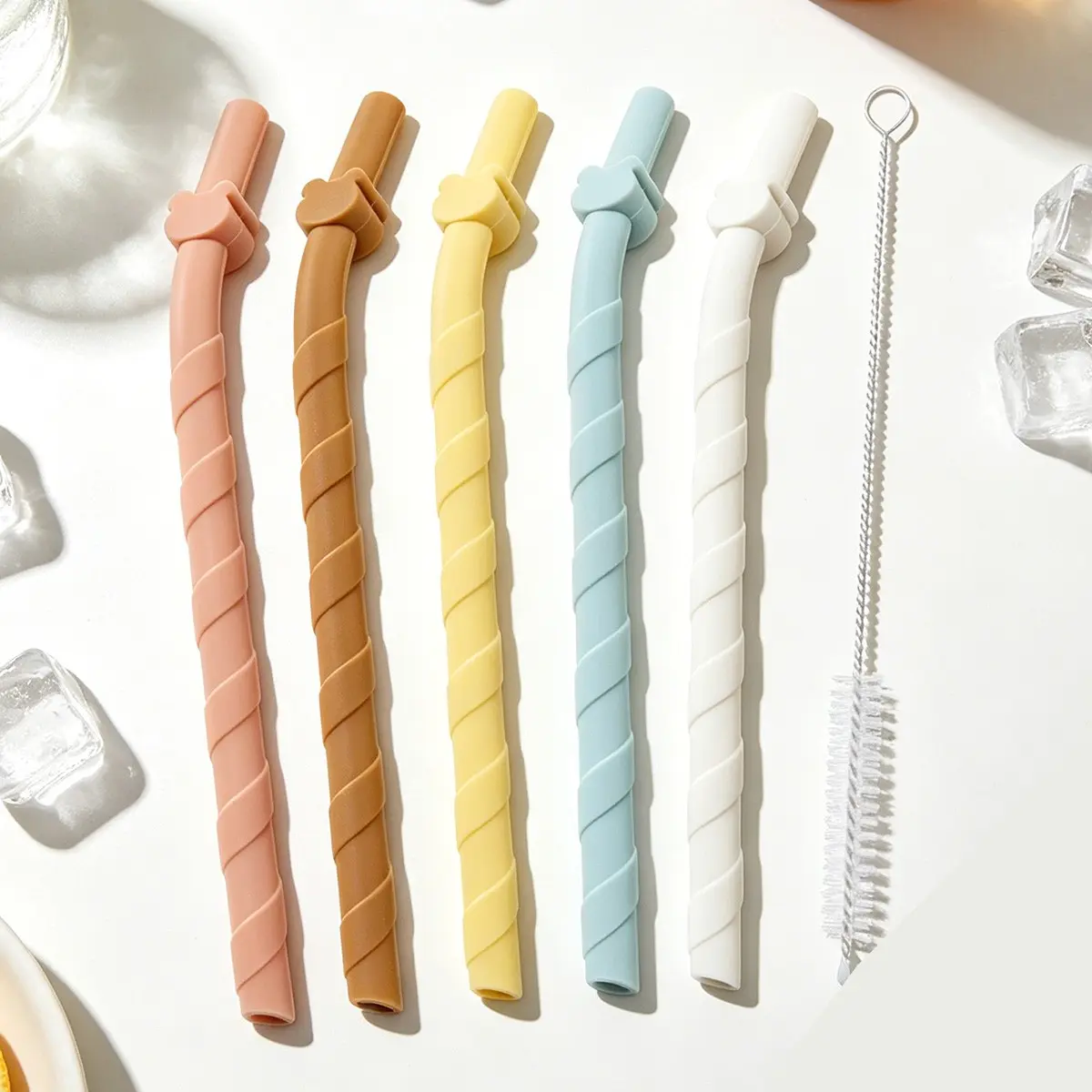 5 Pack Reusable Silicone Straw with Cleaning Brush, 6.1inch Long, Premium Soft Flexible Straw for Bubble Tea, Beverage, Juice, Drinking Straws, Boba Straws