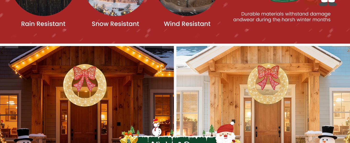 Pre-Lit Christmas Wreath, LED Lighted Holiday Outdoor Decoration with Bow for Door, Mantel, Wall, Windows, Front Door Decor, Gold Wreath