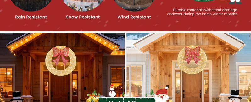 Pre-Lit Christmas Wreath, LED Lighted Holiday Outdoor Decoration with Bow for Door, Mantel, Wall, Windows, Front Door Decor, Gold Wreath