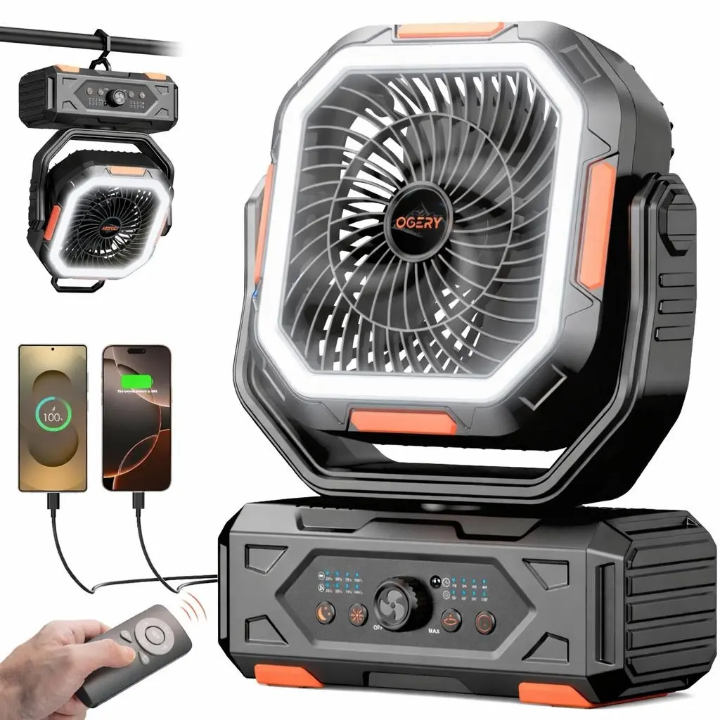 OGERY 2026 Upgraded Camping Fan, 30000mAh Rechargeable Fan with LED Lights & 270° Pivot, Remote Control Shaking Head Desk Fan for Tent Travel Home Multifunction Outdoor Activities,back to school,back to school haul