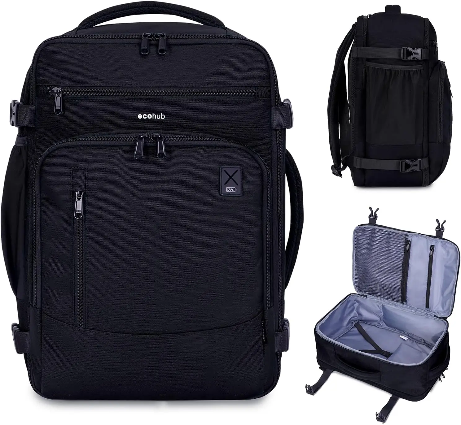 ECOHUB 17" Small Airline-Compatible Carry On Travel Backpack, United Airlines Personal Item Bag (17x10x9 in) with 16 Pockets, Water Resistant 25L Rucksack, AirTag Pocket, Lightweight Casual Daypack for 15.6" Laptop, Black, Airline-Compatible Backpacks, Ca