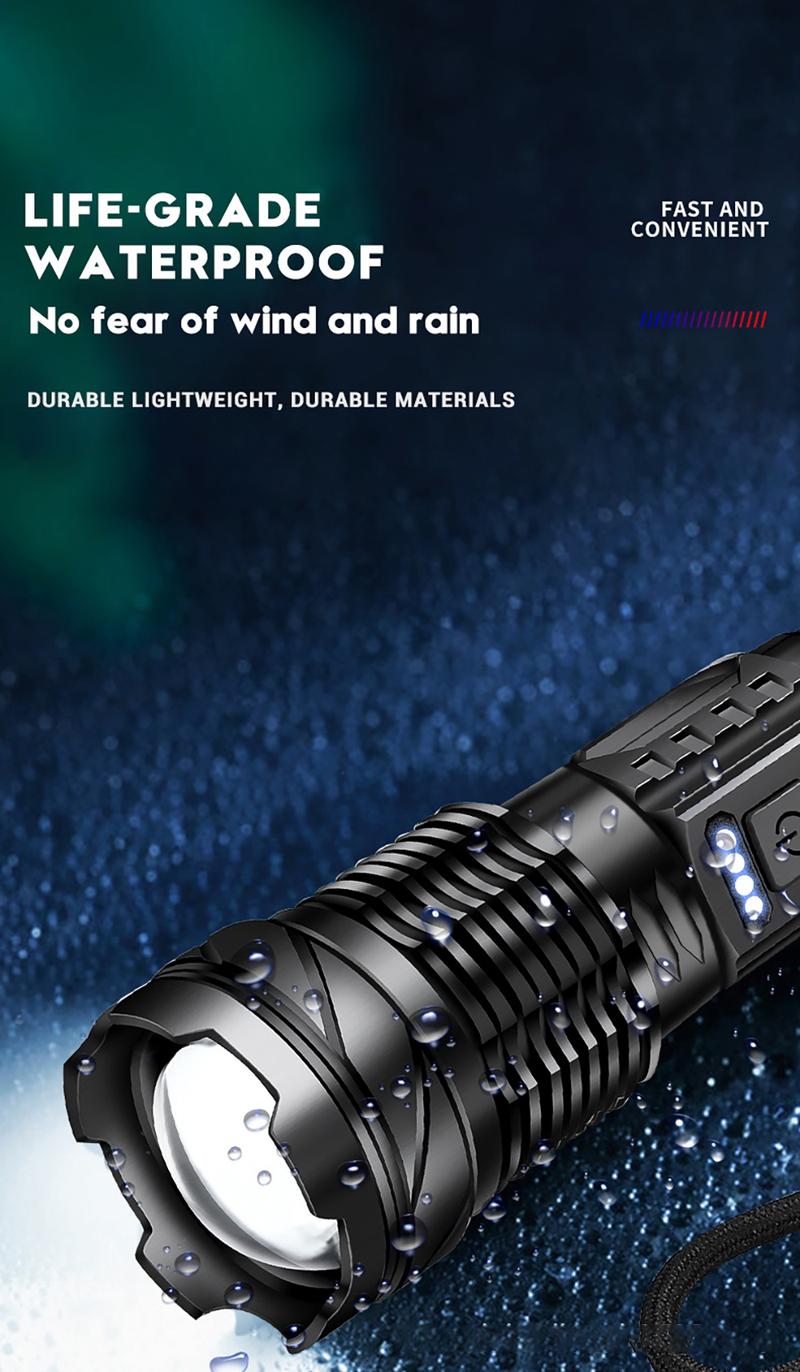 High Strong Power Led Flashlights Tactical Emergency Spotlights Telescopic Zoom Built-in Battery USB Rechargeable Camping Torch