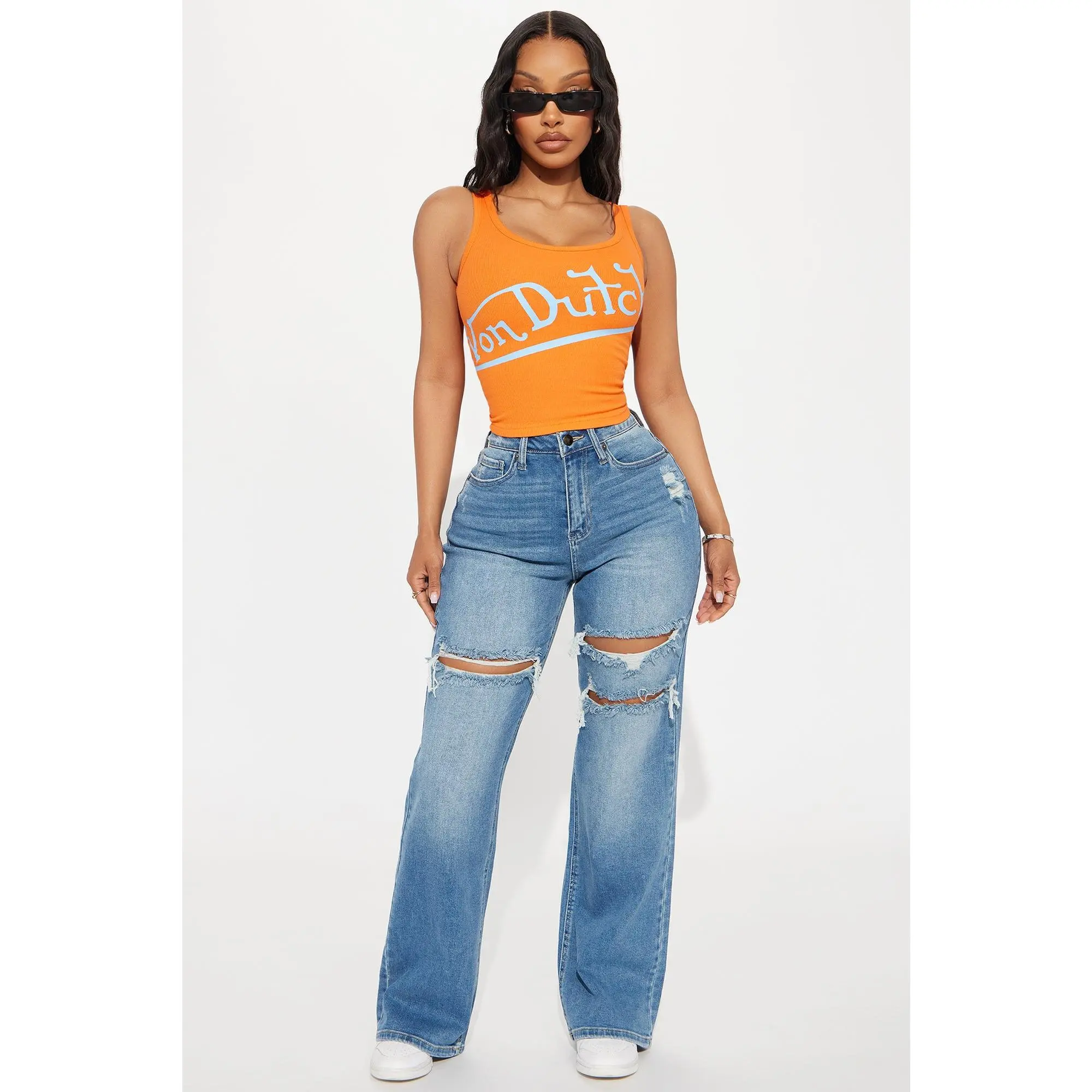 Petite Remi Ripped Stretch Baggy Jeans - Medium Wash