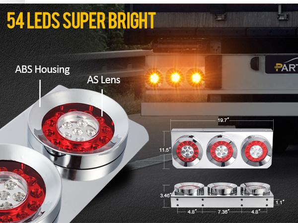 Partsam 2Pcs 54 LED Truck Trailer Tail Lights Bar with Chrome Iron Bracket Base Waterproof 24V 4 Inch Round Led Trailer Tail Lights Bar Stop Turn Signal Running Parking Lights Lamps RV Camper