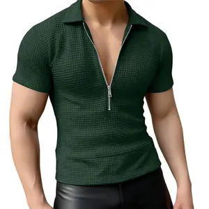 INCERUN Men's Summer [Casual/Old Money] [Polo Shirt/Tee] Waffle Textured 1/4 Zip Short Sleeve Slim Muscle Fit Top