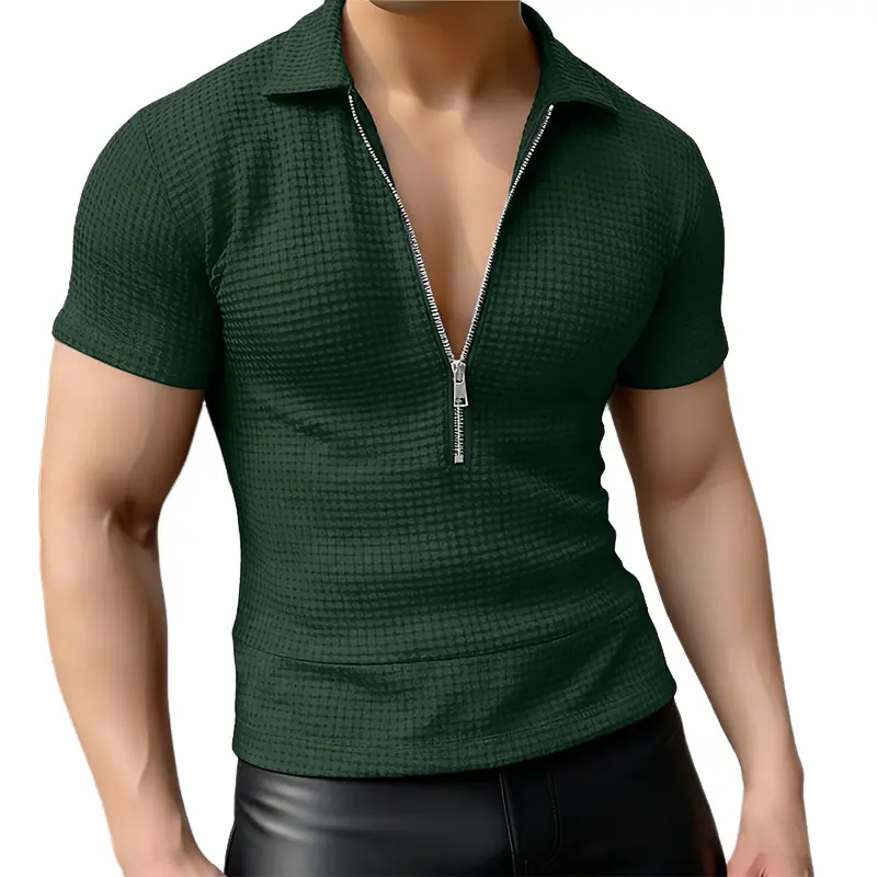 INCERUN Menswear Short-Sleeve Casual Polo Tee - Waffle Grid Textured 1/4 Zip Slim Muscle Fit Top for Summer Golf Wear