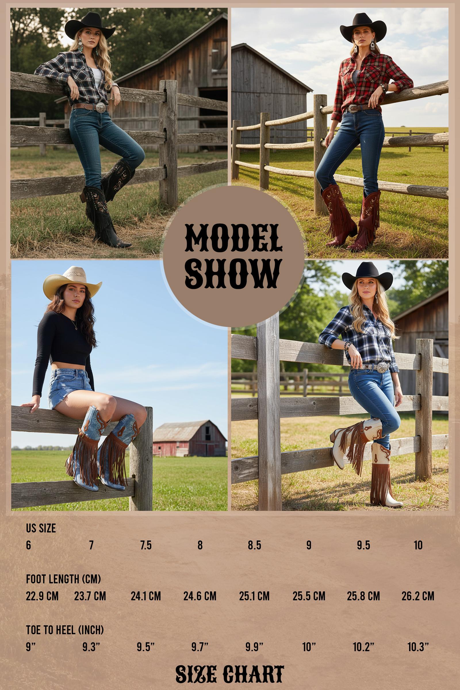 CELNEPHO Women Cowboy Boots Western Fringe Pointed Toe Classic Tassel Embroidered Chunky Block Heel Retro Easy Pull on Mid Calf Boots Gifts Spring Festival Dress Shoes