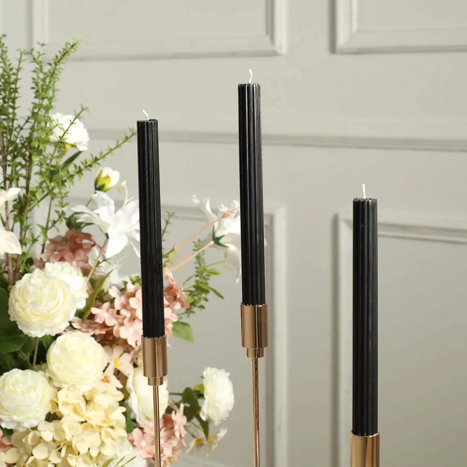Premium Unscented 9 in Black Taper Candles (5-Pack) - Ribbed Wick, Ribbon Wax Design - Household Candle, Decoration, Wedding Centerpieces, Event Decor