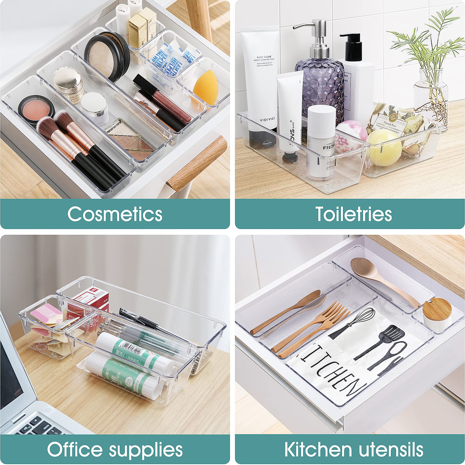 25 PCS Clear Plastic Drawer Organizer Set, 4 Sizes Desk Drawer Divider Organizers and Storage Bins for Makeup, Jewelry Boxes