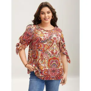 【Summer Turn-Up】BlOOMCHIC Plus Size Paisley Print Round Neck Tied Shirt [M-6X] 2026 Summer Pick for Mother's Day Swimweek