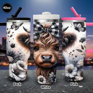 Highland Cow Floral & Butterfly Design Tumbler with Lid & Straw - 40oz Whimsical Winter Travel Mug - Perfect Gift for Women & Men, Ideal for Valentine’s Day, Birthday Present, Office Coffee Cup
