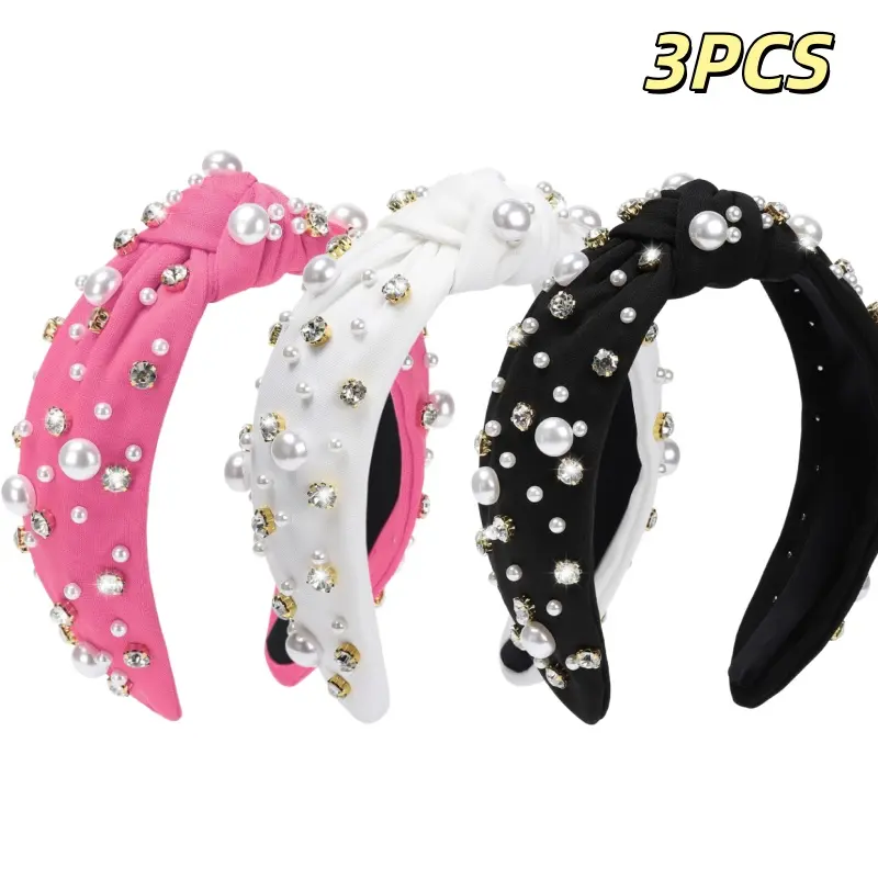 Ladies' 3pcs Bedazzled Thick Wide-Edge Hairbands - Pearl & Rhinestone Twisted Top Knot Headbands, Comfortable Design, Suitable for Daily Commuting & Formal Events, Thick Headbands