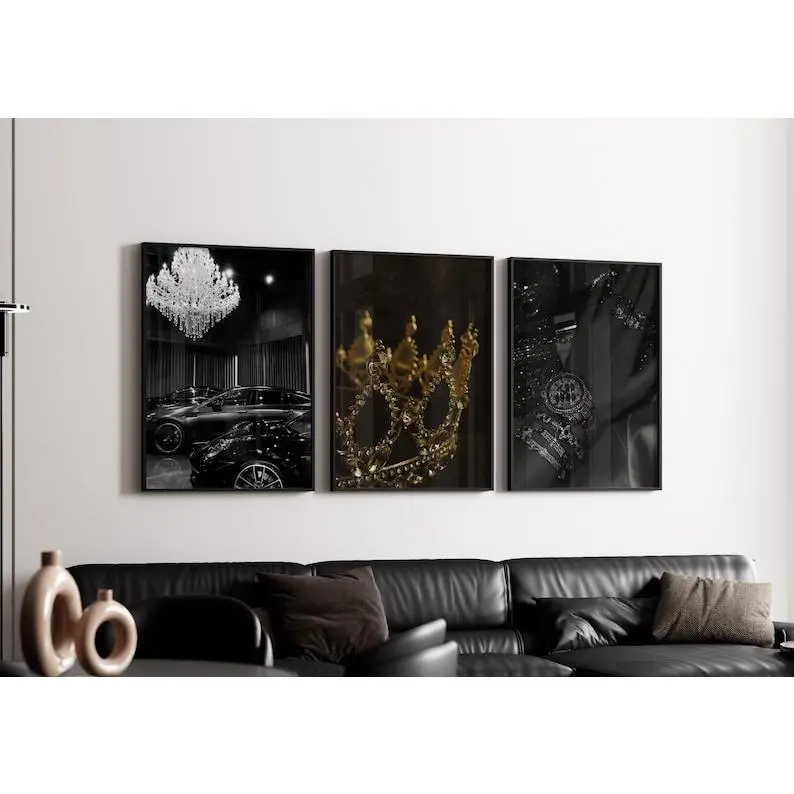 Set of 3 Black and White Fashion Wall Art; Luxury Home Decor