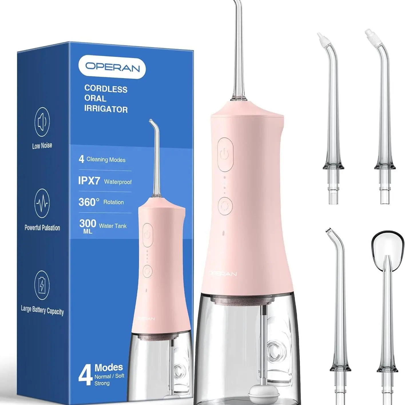 Operan 869 Cordless Portable Rechargeable Water Flosser - 300ML, IPX7 Waterproof, 360-Degree Rotating Tips, 4 Modes Oral Irrigator, Oral Plaque Remover for Braces, Home & Travel Electric Teeth Cleaner Gift Oral Care Tools Oral Hygiene Kit