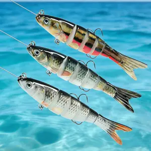 Bass lures, surface lures, multi-segment swimming lures, realistic slow-sinking bass lures, realistic surface and swimming lures, freshwater and saltwater fishing equipment.