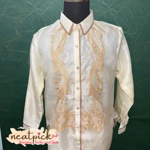 Men's Barong Tagalog Full Open Cream with Mocha Piping made of Piña Organza Filipino Formal wear