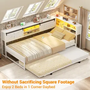 Homieasy Corner Bed Frame with 2 Drawers, Farmhouse Heavy Duty Daybed with Bookcase Storage, Reversible Metal Platform Bed Frame with LED & Charging Station for Teens Bedroom Guest Room, Rustic Brown