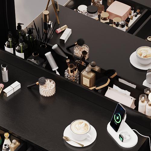 TOKSOM Vanity Desk with Mirror and Replaceable Lamp with 5 Storage Drawers Power Outlet & Chair with RGB Ambient Light Adjustable Brightness for Girls Bedroom Large Corner Desk Vanity Makeup Vanity Desk White Black Valentine's Day Gifts for Women Girls2/3