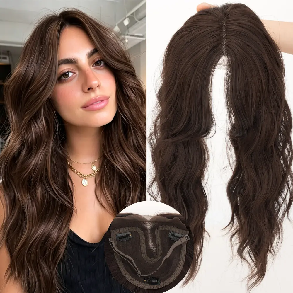 Women's Synthetic Fiber Hair Topper for Thinning Hair, 20in Wavy Texture Clip-In Piece with 6x6in Large Lace Base, Face-Framing Curtain Bangs, Affordable Daily Wear Wiglet