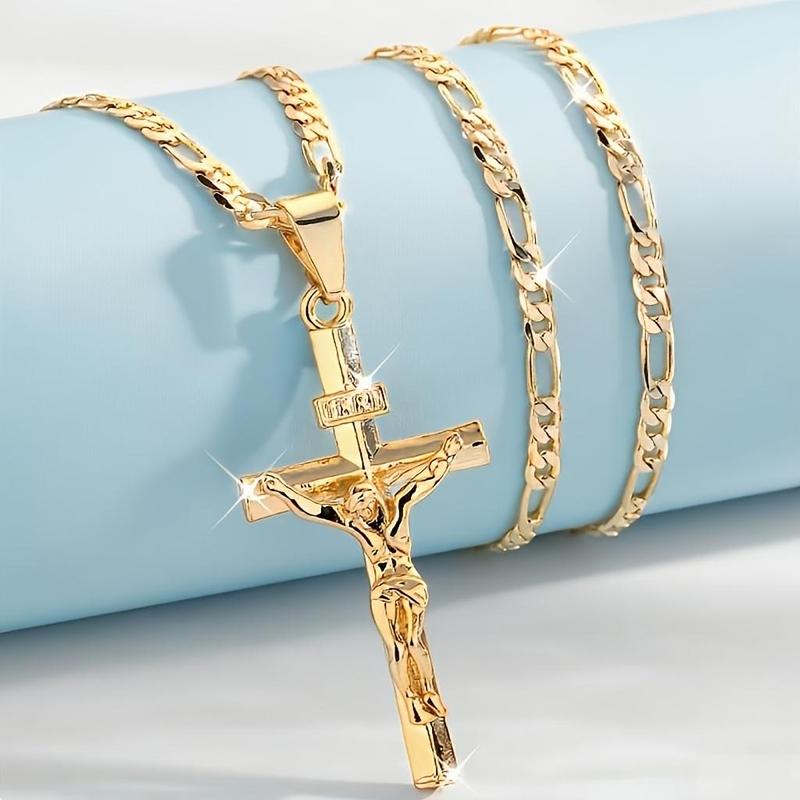 Men's Vintage 14K Gold Plated Jesus Cross Necklace, Smooth & Sturdy Chain, Versatile Religious Jewelry for Daily Wear, Parties & Gifting