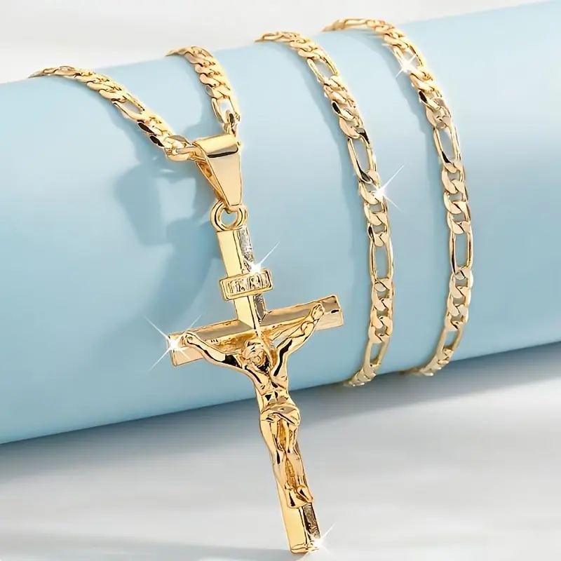 Men's Vintage 14K Gold Plated Jesus Cross Necklace, Smooth & Sturdy Chain, Versatile Religious Jewelry for Daily Wear, Parties & Gifting