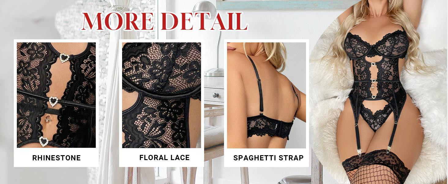 Women's Underwire Lingerie Set with Garter Belt Sexy Lace Bodysuit Cut Out Rhinestone Teddy Lingerie
