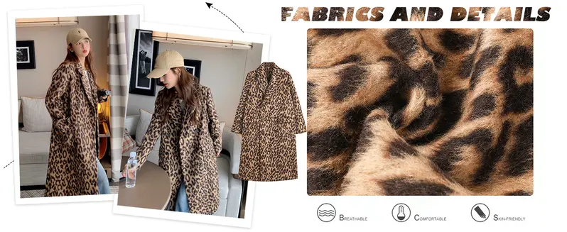 Chouyatou Women's Soft Leopard Print Long Wool Trench Coat - Notched Lapel, Double Breasted, Dressy Winter Warm Overcoat with Premium Fabric Style, Comfortable, Jackets,back to school,back to school shopping, Fashion, Outerwear