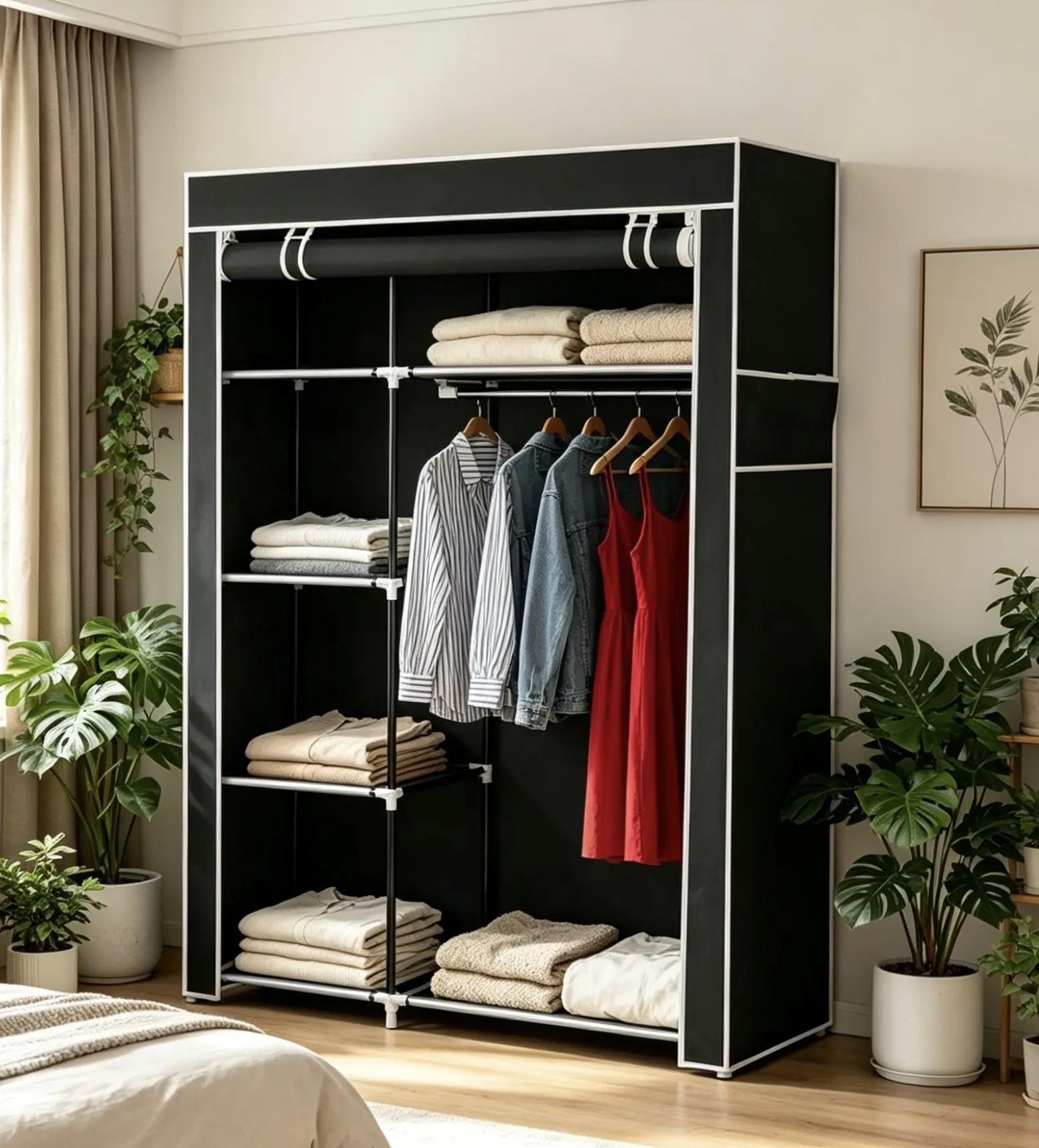 64 in Black Foldable Portable Clothes Armoire - 41.3 x 18.0 x 64 in Closet Storage Unit with Waterproof Tiers, 6 Shelves for Folds, Organizational Shelving, Closet Rack, Assembly Required for Home Use