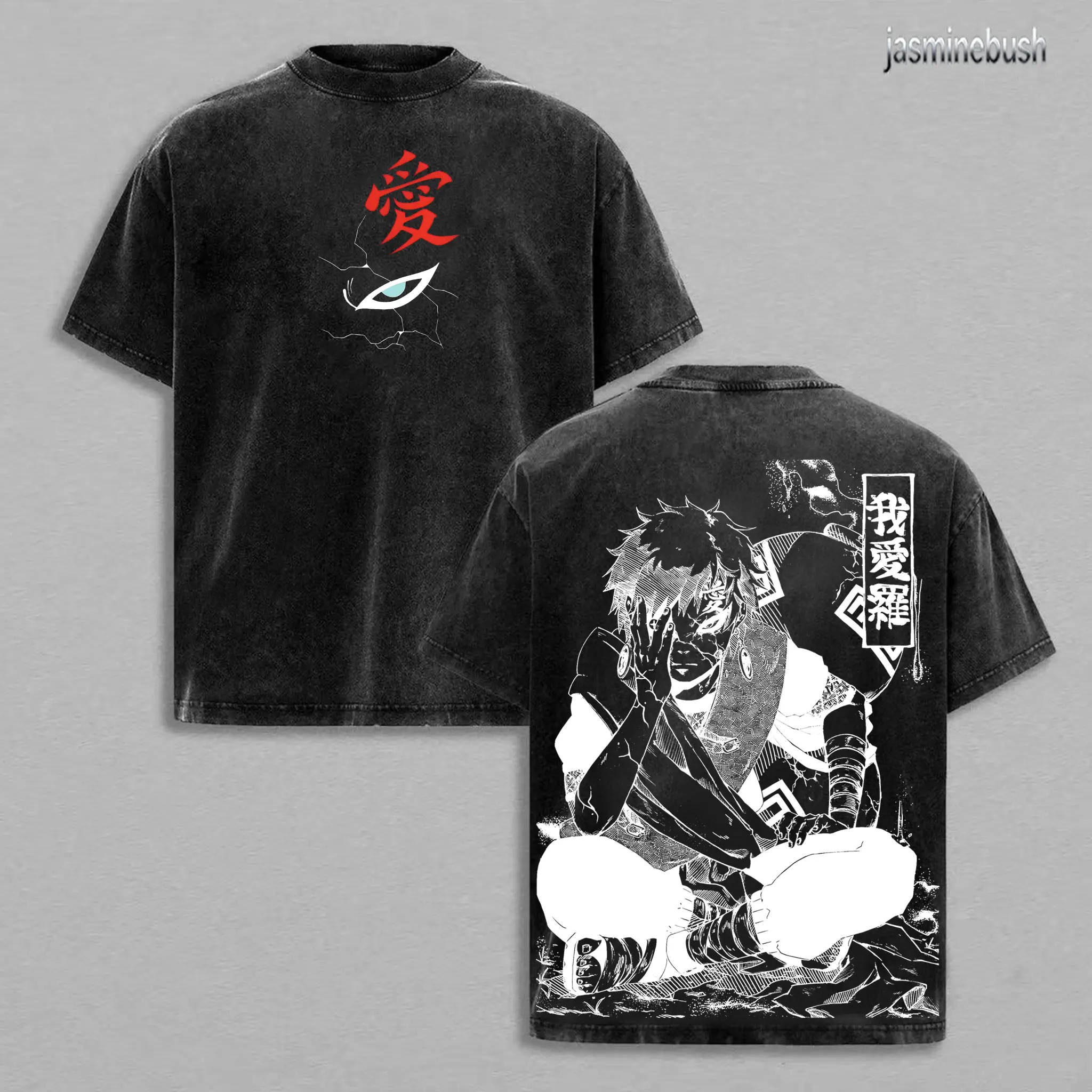 Gaara - Naruto Anime Double Printed Vintage Washed Tee Unisex Oversize Anime Manga Washed Heavyweight Cotton T-shirt, Gift For Anime Fan Casual Clothing
