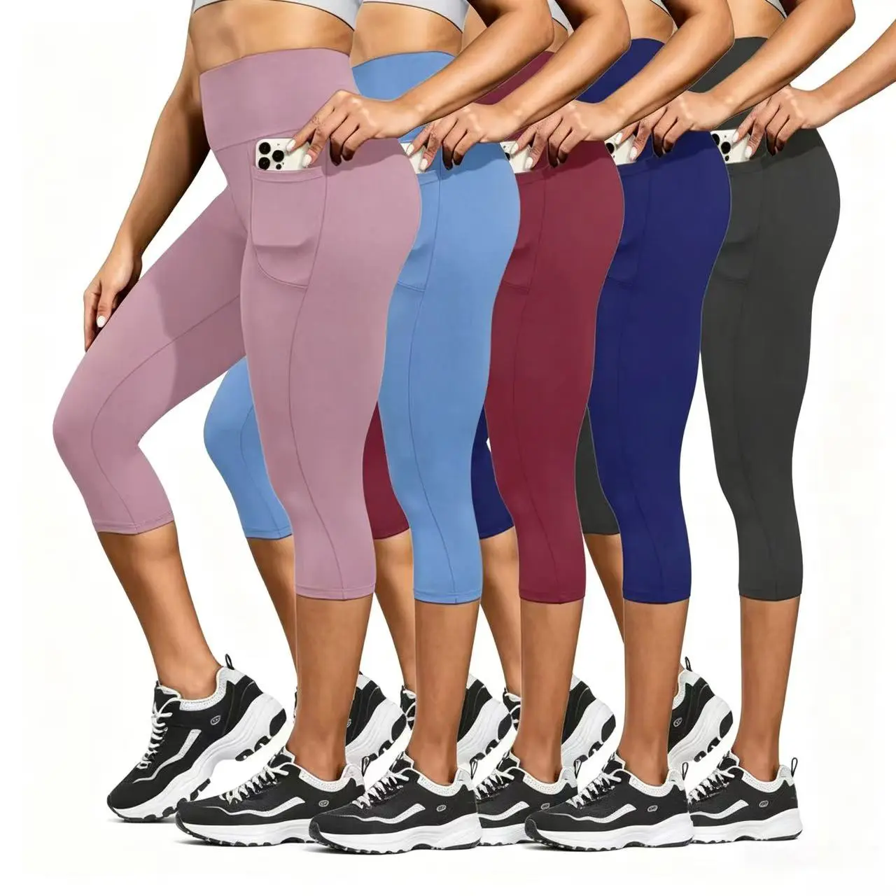 Female 5-Pack High Waist Tummy Control Capri Yoga Leggings - High Waist Sports, Fitness Tight, Active Leggings, Athleisure Fitness Bottoms, Sporty Chic, Skinny Cut, Double-Sided Brushed Twill Fabric, Pockets, for Spring & Autumn Casual Wear