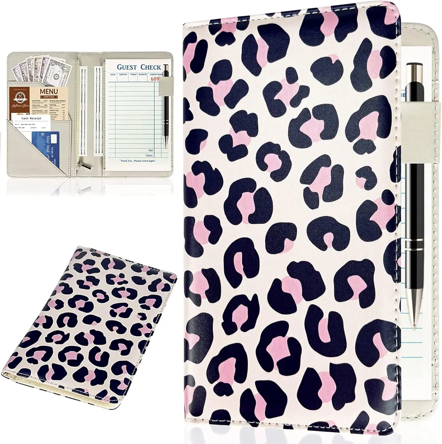 Server Books for Waitress, Waitress Waiter Book Organizer with Zipper Pouch, Guest Check Holder Money Pocket Restaurant Waitstaff Leopard Pattern