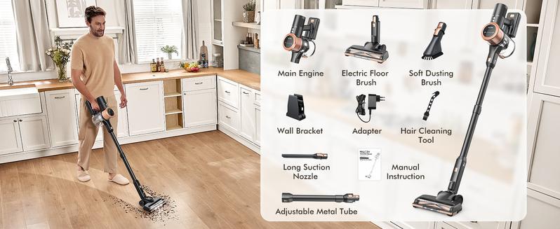 48KPa Cordless Vacuum Cleaner, 190AW Stick Vacuum with 60-Min Runtime, 4000mAh Battery, Anti-Hair Wrap, Self-Standing, LED Display for Pet Hair, Hard Floors, Carpets & Cars