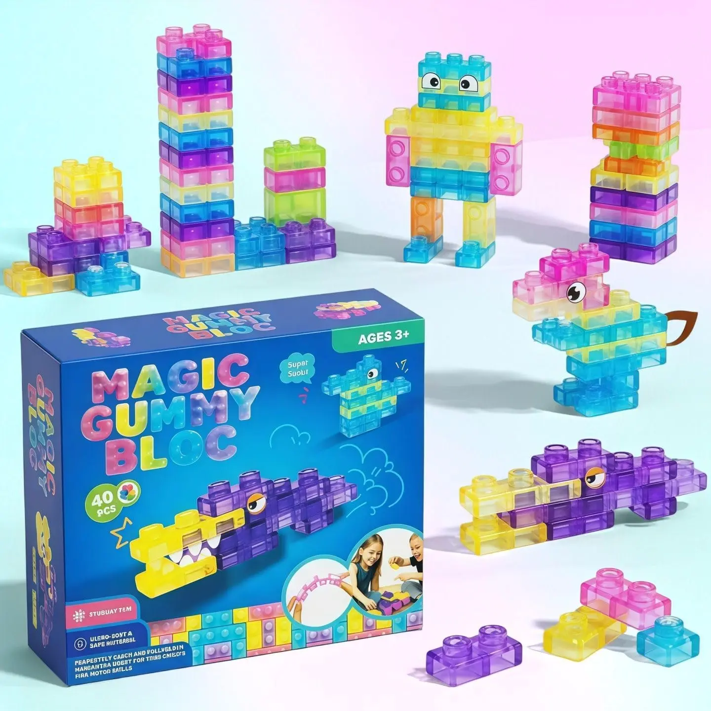 40PCS Squishy Sensory Building Blocks for Toddlers & Kids, Soft Jelly Montessori Stacking Toy Set, Squeezable & Stretchable Construction Playset, Stress Relief Fidget Toy for Creative Play, Birthday Gifts, Classroom Prizes & Party Favors