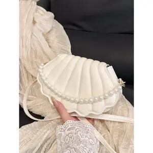 Women's Elegant Shell Shaped Bag, Fashionable Pearl Decorated Crossbody Bag for Daily Used, Casual Trendy Versatile High-quality Daily Commuting Bag, Handbag Shoulder Purse