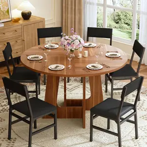 Round Dining Table Set for 6, 7-Piece Kitchen Table and Chairs for 6, 47'' Round Dining Room Table Set with 6 Chairs, Space Saving Dining Table with Wood Base for Kitchen, Living Room, Rustic