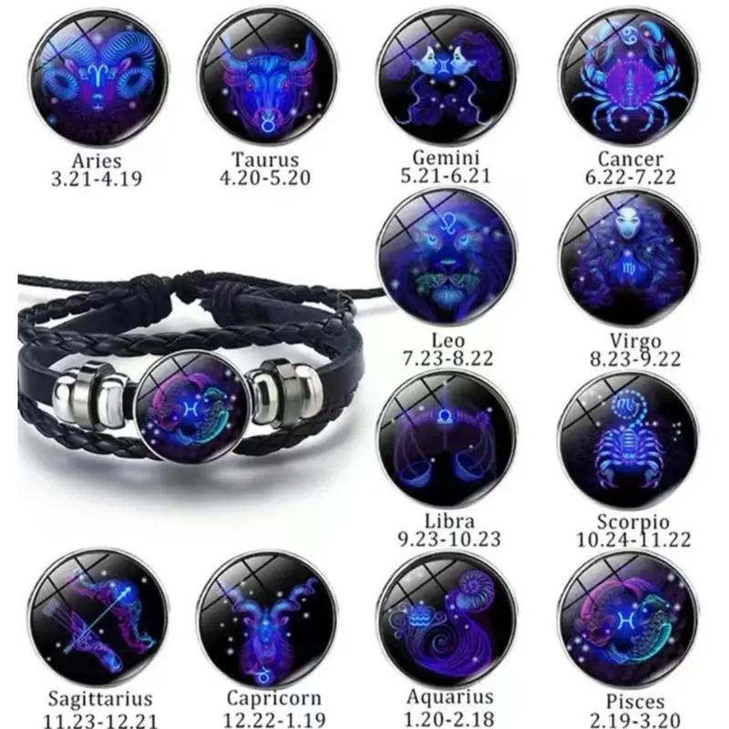 Zodiac Signs Wrap Bracelet for Men & Women, Glow-in-the-Dark Black Leather Lucky Charm, Thoughtful V-Day Gift, Protective, Womens Gifts