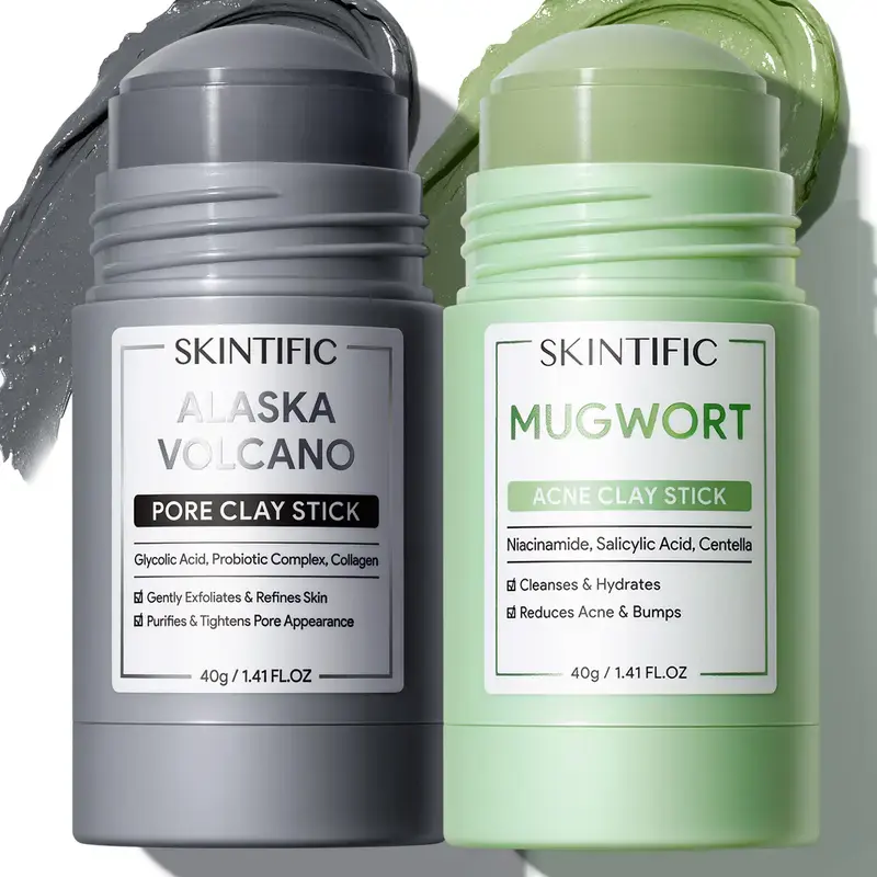 SKINTIFIC Clay Stick 2‑Piece Set, Mugwort Clarifying & Volcano Detox, Deep Pore Clean, Oil Control, Gentle Non‑Stripping Formula for Even Skin Tone