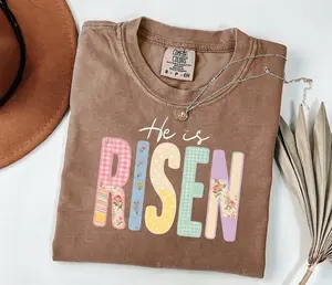 Comfort Colors He Is Risen T-Shirt, Retro Quilted Christian Easter Tee