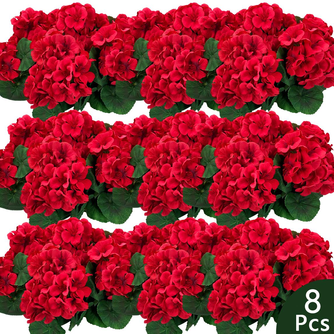 8 bundles of outdoor artificial geraniums, artificial plant UV resistant plastic flowers, used for indoor, outdoor, courtyard, hanging flower pots, porch, window home decoration (8, red)