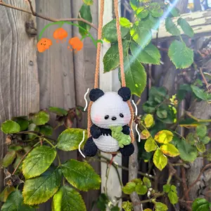 Handmade Crochet Panda Hanging Plush | Cute Amigurumi Animal Swing Decor Keychain | Kawaii Bag Charm or Car Mirror Ornament