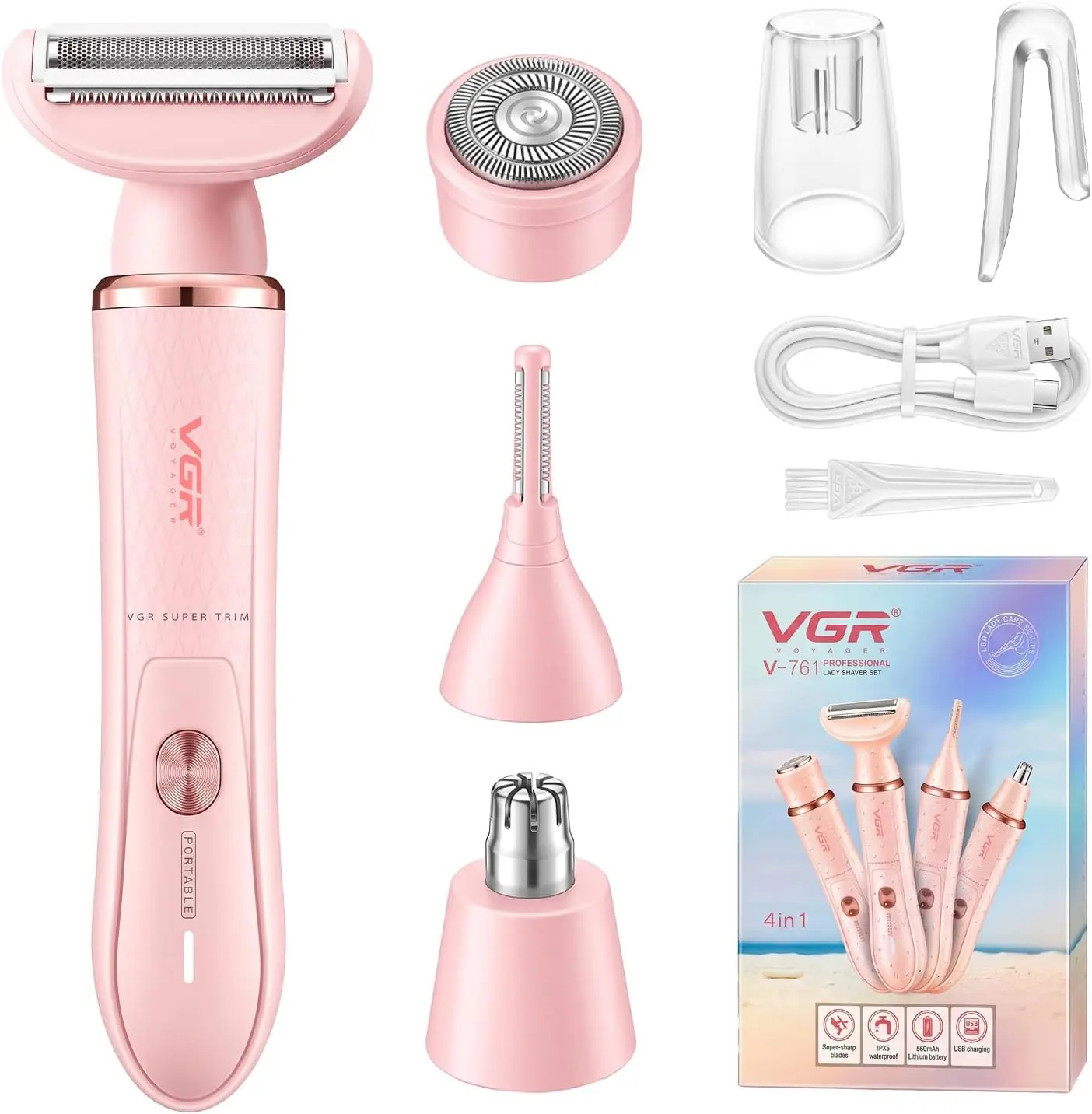 VGR761 4-in-1Cordless Lady Shaver Set for Women with IPX5 Waterproof, Green | Electric Shaver for Body/Legs/Face/Eyebrow/Nose/Ear, Women's Hair Removal, USB rechargeable