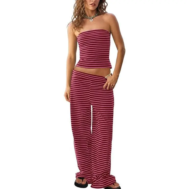 TANKANEO Women's 2-Piece Striped Set - Cute Slim Y2K Style Cropped Strapless Tube Crop Top & Wide Leg Pants, Comfortable Casual Spring Summer Vacation Lounge Beach Outfits